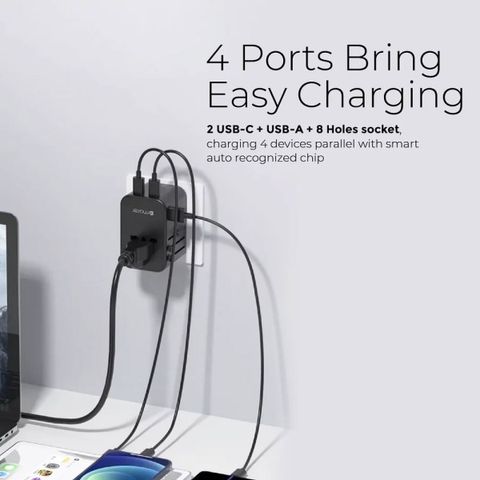 Củ Sạc Nhanh Mazer Infinite World Travel GaN 65W PD - Bộ Sạc Du Lịch Tương Thích 150 Quốc Gia, USB-C và USB-A