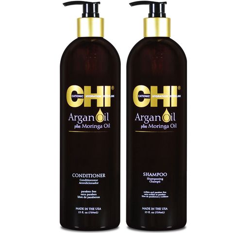 Cặp Dầu Gội Xả Phục Hồi Tóc CHI Argan Oil & Moringa Oil 739ml - Giúp Tóc Mềm Mượt, Khỏe Mạnh và Ngăn Gãy Rụng