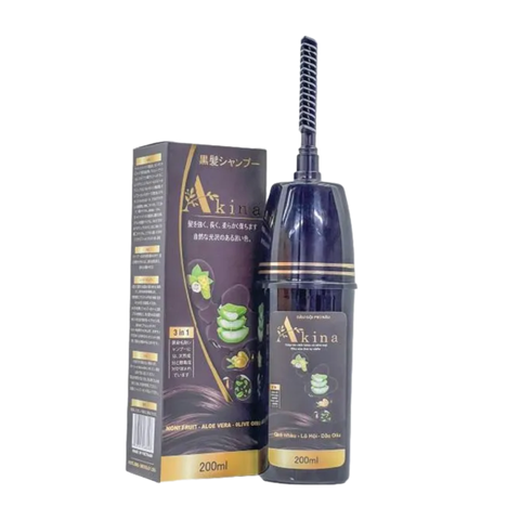 Dầu Gội Phủ Bạc Akina Nhật Bản 200ML - Nhuộm Đen Tóc Tự Nhiên, Kèm Lược Tiện Lợi, Hỗ Trợ Phục Hồi Tóc Hư Tổn
