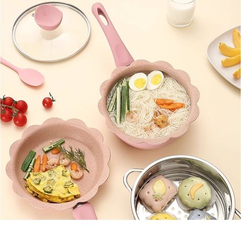 Bộ Nồi Chảo Vân Đá Seka SKV8 3 Chi Tiết Có Xửng Hấp - Chống Dính, Kích Thước 16cm, Phụ Kiện Chế Biến Thức Ăn Dặm Cho Trẻ.