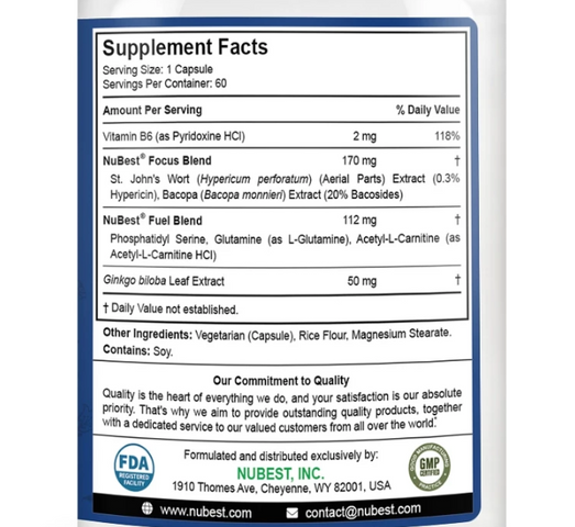 Viên uống Nubest Nubrain Brain Booster Premium - Tăng cường trí nhớ, cải thiện sức khỏe não bộ với Vitamin B6 và Glutamine - 60 viên