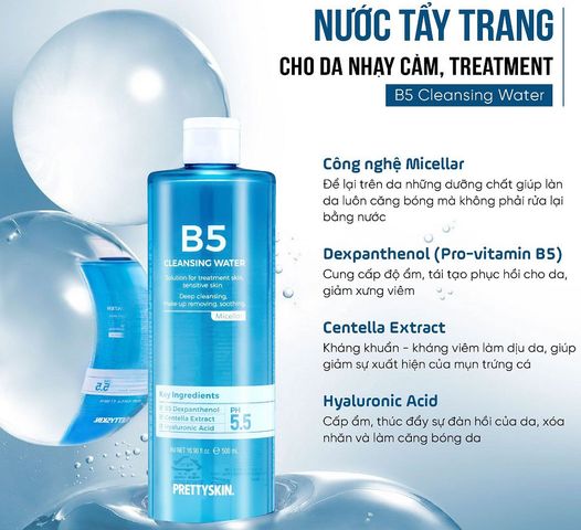 Nước Tẩy Trang Pretty Skin B5 Cleansing Water 500ml - Giúp Làm Sạch Da, Phục Hồi Da Nhạy Cảm, Công Nghệ Micellar Tiện Lợi