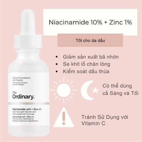 Serum Nia-cinamide 10% + Zinc 1% The Ordinary - Kiềm dầu, giảm mụn, làm sáng da, điều tiết dầu thừa, 30ml, sản phẩm chăm sóc da chất lượng cao