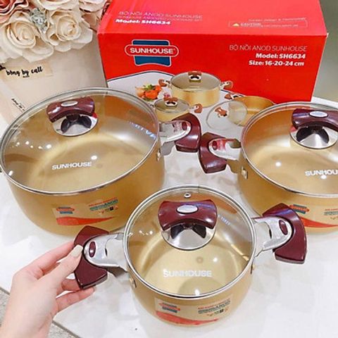 Bộ 3 Nồi Nhôm Anod Nắp Kính Sunhouse SH6634 - Tiện Lợi, Bền Bỉ, Phù Hợp Mọi Gia Đình, Dễ Dàng Nấu Nướng