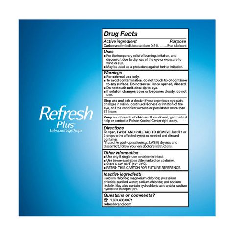 Nước Nhỏ Mắt Refresh Plus Lubricant Eye Drops - Giảm Khô Mắt, Dưỡng Ẩm, Hỗ Trợ Bảo Vệ Mắt, 100 Tuýp, Mỹ