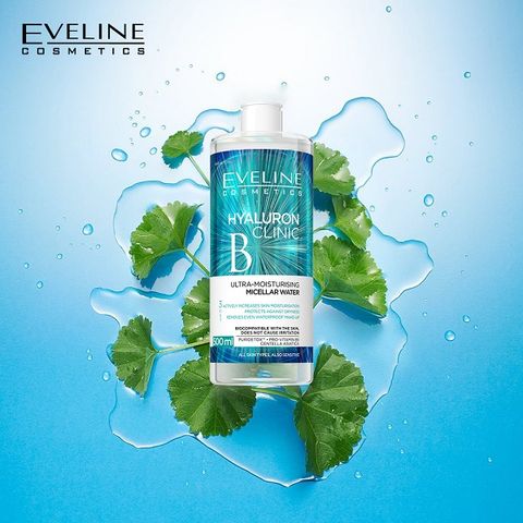 Nước Tẩy Trang Eveline Hyaluron Clinic B5 500ML - Dưỡng ẩm, Làm Sạch Da Nhờ Axit Hyaluronic & Chiết Xuất Rau Má