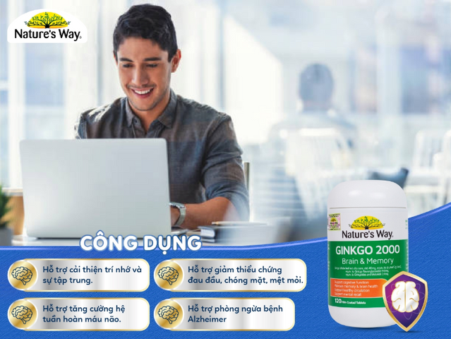 Viên bổ não Nature’s Way Ginkgo Biloba 2000mg - Sản phẩm hỗ trợ trí nhớ, tăng cường tuần hoàn não, 120 viên của Úc