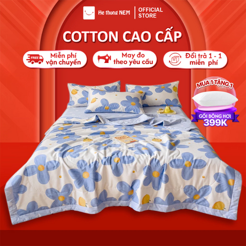 Bộ chăn ga giường 5 món Hệ Thống Nệm cao cấp set bộ vỏ chăn ra ga dra grap drap trải giường cotton living gối nệm đệm 5 món