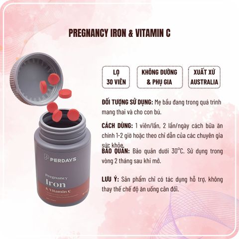 Sắt Bầu Perdays - Bổ Sung Sắt & Vitamin C Tăng Cường Tạo Máu Cho Mẹ Bầu - Hỗ Trợ Giảm Thiếu Máu - Lọ 30 Viên
