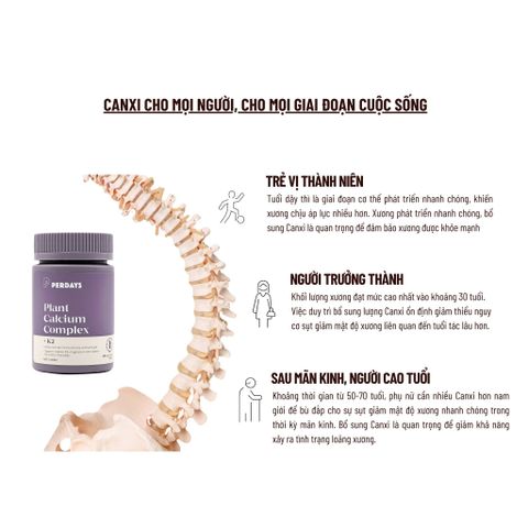 Viên Uống PERDAYS Plant Calcium Complex + D3K2 - Bổ Sung Canxi Hữu Cơ, Vitamin D3K2, Hỗ Trợ Sức Khỏe Xương Mẹ Bầu, Lọ 60 Viên