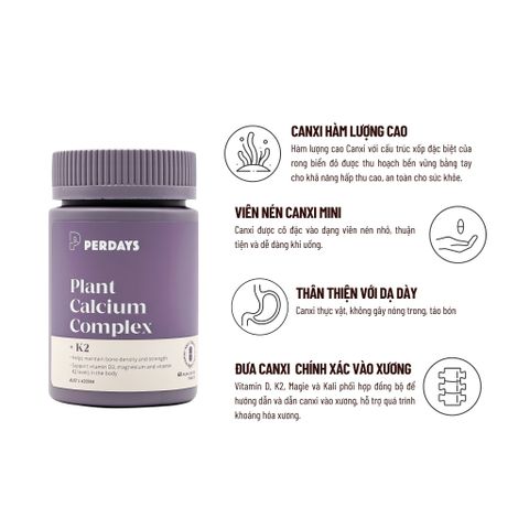 Viên Uống PERDAYS Plant Calcium Complex + D3K2 - Bổ Sung Canxi Hữu Cơ, Vitamin D3K2, Hỗ Trợ Sức Khỏe Xương Mẹ Bầu, Lọ 60 Viên