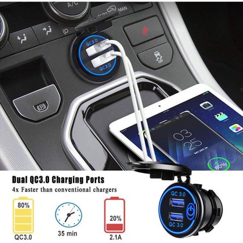 Tẩu sạc nhanh 2 cổng USB QC3.0 36W cho xe máy & ô tô - Có nút nhấn, đèn LED báo, chống bụi chống nước