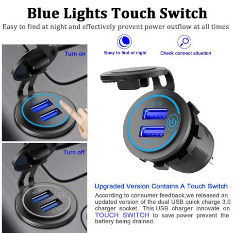 Tẩu sạc nhanh 2 cổng USB QC3.0 36W cho xe máy & ô tô - Có nút nhấn, đèn LED báo, chống bụi chống nước