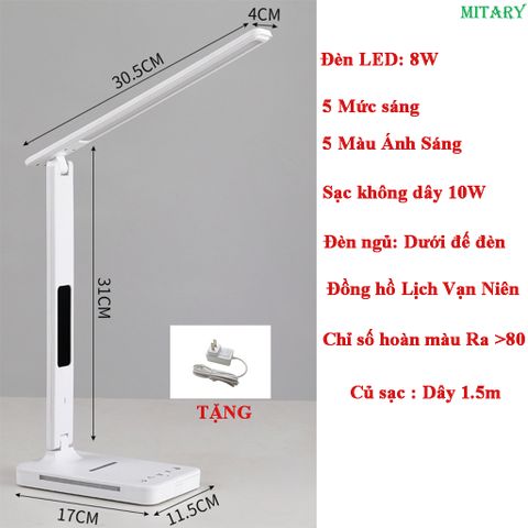 Đèn Bàn Học Chống Cận Thông Minh 8W - Sạc Nhanh Không Dây 10W, Đồng Hồ Vạn Niên, Đèn Ngủ Hiện Đại - MT-861