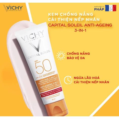 Kem Chống Nắng Ngăn Ngừa Lão Hoá Vichy SPF50+ - Dưỡng Ẩm, Chống Tia UV, 50ml - Sản Phẩm Chăm Sóc Da Bất Liệu Thiếu