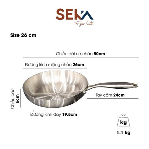 Chảo Cạn Lòng Inox SEKA 26Cm SK6030 - 5 Lớp Nguyên Khối, Chống Dính Tự Nhiên, An Toàn Mọi Loại Bếp