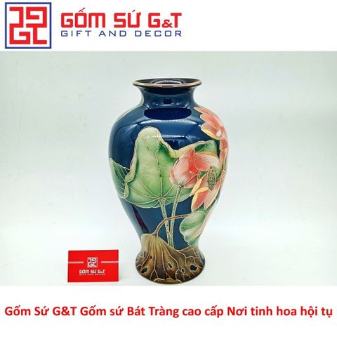 Lọ Hoa Sen Vẽ Vàng Kim 24K Gốm Sứ - Vật Phẩm Phong Thủy Trang Trí Nhà Cửa Cao Cấp