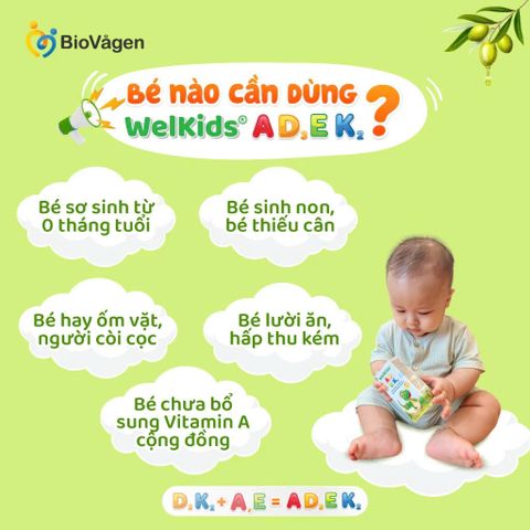 WelKids ADEK - Vitamin D3, K2, A & E Bổ Sung Dinh Dưỡng Cho Bé Tăng Chiều Cao - Dầu Olive Hữu Cơ 10ml