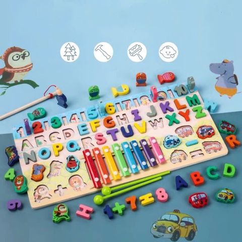 Hộp Bảng Gỗ Chữ Cái Chữ Số Kèm Đàn 6 Trong 1 - Đồ Chơi Giáo Dục Sớm Phát Triển Trí Tuệ Cho Bé 1-6 Tuổi
