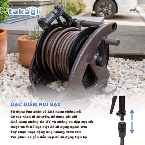 Bộ cuộn ống tưới cây 30m Takagi R330TBR - Chất liệu nhựa PP cao cấp, 4 chế độ phun, thiết kế tiện lợi cho vườn cây xanh tươi