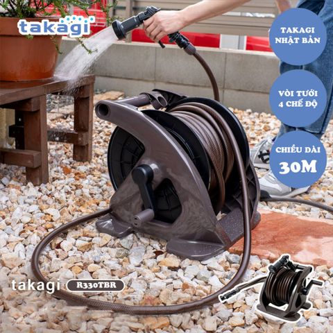 Bộ cuộn ống tưới cây 30m Takagi R330TBR - Chất liệu nhựa PP cao cấp, 4 chế độ phun, thiết kế tiện lợi cho vườn cây xanh tươi