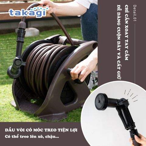 Bộ cuộn ống tưới cây 30m Takagi R330TBR - Chất liệu nhựa PP cao cấp, 4 chế độ phun, thiết kế tiện lợi cho vườn cây xanh tươi