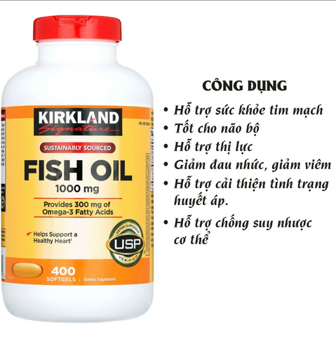 Dầu Cá  Fish oil Kirkland Signature 1000 Mg - Hỗ Trợ Sức Khỏe Tim Mạch và Não Bộ, 400 Viên Omega-3 chất lượng từ Mỹ