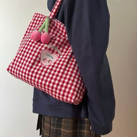 Túi Tote Nữ Caro Đỏ Họa Tiết Cherry - Túi Vải Đựng Sách Thời Trang Eco-Friendly cho Phái Đẹp