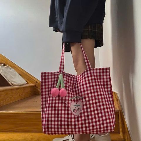 Túi Tote Nữ Caro Đỏ Họa Tiết Cherry - Túi Vải Đựng Sách Thời Trang Eco-Friendly cho Phái Đẹp