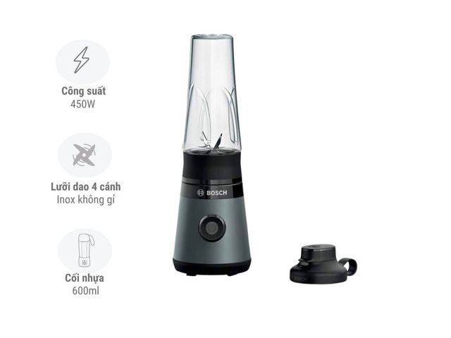 Máy Xay Sinh Tố Bosch Mini MMB2111S - Công Suất 450W, Dung Tích 0.6L, Lưỡi Dao Thép Không Gỉ, Dễ Dàng Sử Dụng & Vệ Sinh