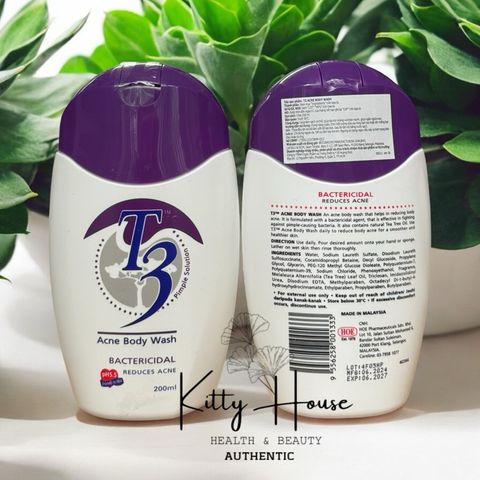 Sữa Tắm T3 Acne Body Wash 200ml - Giảm Mụn, Chiết Xuất Dầu Tràm, Da Mềm Mại, Chính Hãng, Chăm Sóc Cơ Thể Tự Nhiên