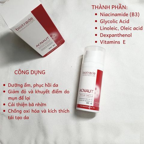 Kem Dưỡng Biotrade Acnaut Repair Cream 30ml - Ngừa Sẹo, Tái Tạo Da Sau Mụn, Loại Bỏ Đốm Đỏ, Chống Nắng SPF 30, Chống Oxy Hóa