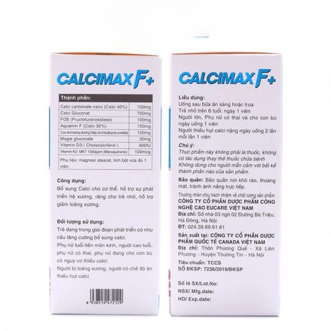 Viên bổ sung Canxi, Vitamin D3, K2 MK7 Calcimax F+ EUCARE - Hỗ trợ xương khỏe mạnh, giảm loãng xương - 30 viên cho trẻ và người lớn