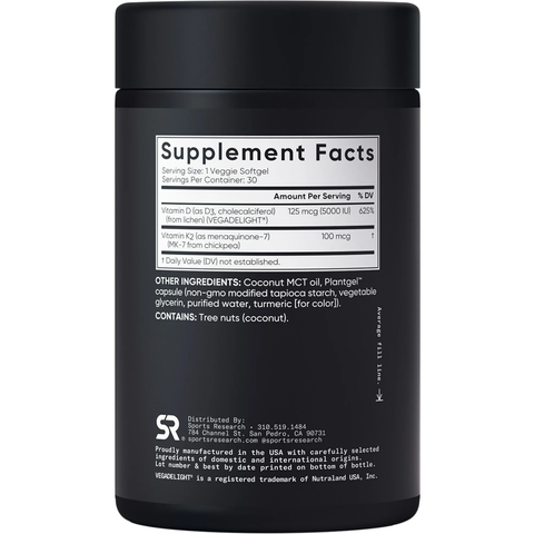Vitamin D3 + K2 Sports Research 5000IU - Viên Uống Chiết Xuất Thực Vật Tốt Cho Xương Khớp và Tim Mạch - Mỹ 