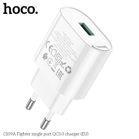 Cốc Sạc Nhanh Hoco C109A - 1 Cổng USB PD18W QC3.0 Chân Cắm Chuẩn EU, Chất Liệu PC Cao Cấp, Thiết Kế Tiện Lợi cho Điện Thoại