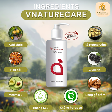 Sữa Tắm Nam Vnaturecare Organic 190mL - Làm Sạch Dịu Nhẹ, Lưu Hương Gỗ Trầm, Dưỡng Ẩm Da, Tự Tin Mỗi Ngày