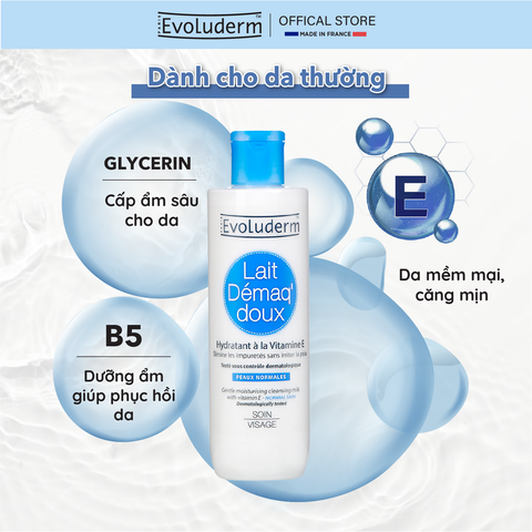 Sữa Tẩy Trang Evoluderm Chứa Vitamin E - Làm Sạch Da Mềm Mịn 250ML - Mỹ Phẩm Thuần Chay Pháp Dưỡng Ẩm, Chống Oxy Hóa