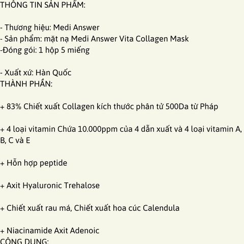 Mặt nạ thạch Collagen, Medi Answer Vita Collagen Mask 37g x 5 miếng