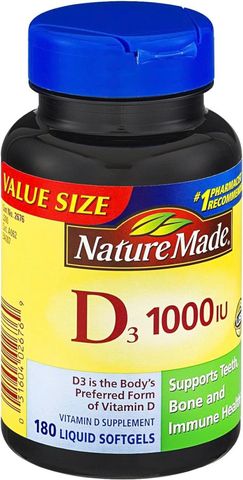 Viên uống Vitamin D3 Nature Made 25 mcg (1000 IU) - Bổ sung 180 viên cho sức khỏe xương và hệ miễn dịch - Sản phẩm từ Mỹ