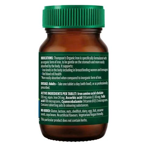 Viên Uống Bổ Sung Sắt Thompson's Organic Iron 24mg - Hỗ Trợ Thiếu Máu, 30 Viên, Tự Nhiên và An Toàn