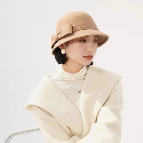 Mũ Bucket Dạ Ép Đính Nơ To - Mũ Thời Trang Nữ Thanh Lịch Cho Mùa Thu Đông, Giúp Gương Mặt Thon Gọn