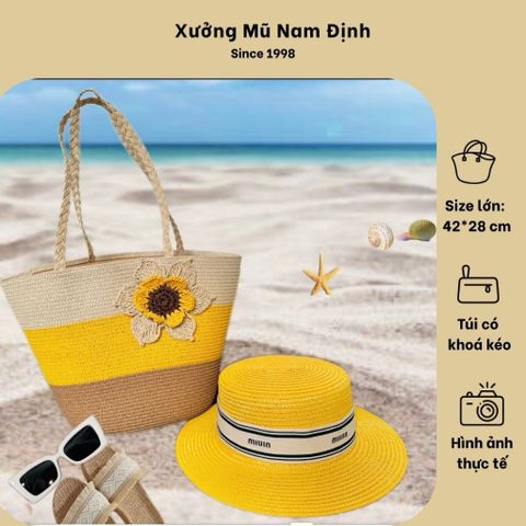 Set Túi Cói Nón Cói phong cách vintage Đi Biển Rực Rỡ Có Khóa Kéo - Túi Nữ Đeo Vai Thời Trang, Tiện Dụng Cho Picnic và Du Lịch