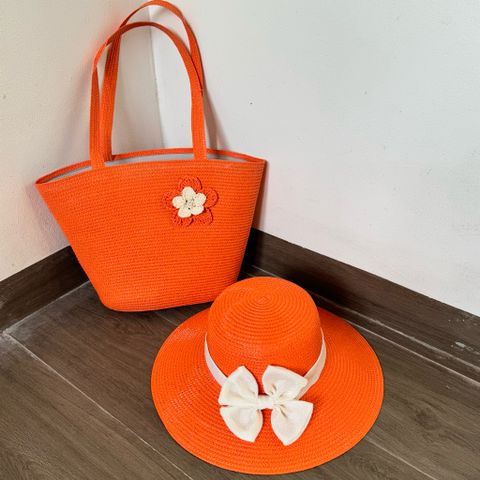 Bộ Túi Cói và Nón Vành Rộng Màu Cam Handmade, Phong Cách Boho - Hoàn Hảo Cho Đi Biển và Đi Làm