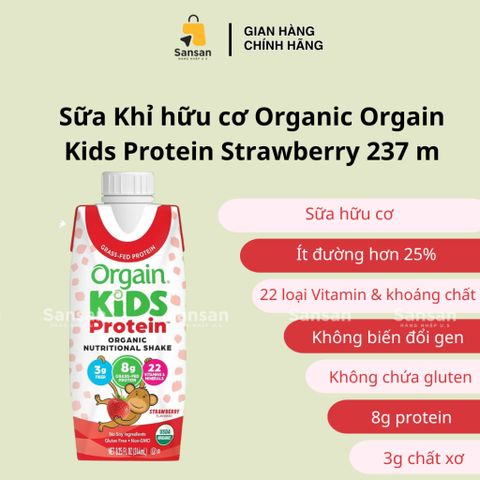 Sữa Hữu Cơ Orgain Kids Protein Dâu Tây 237ml x 18 Hộp - Giúp Trẻ Tăng Cao, Dinh Dưỡng Cho Bé Ăn Kém, Hàng Mỹ