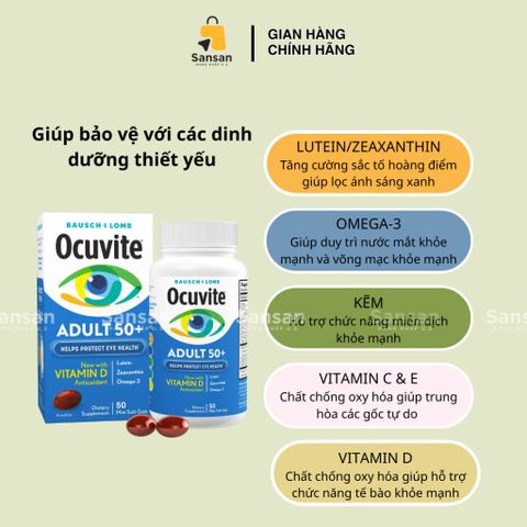 Viên Uống Bổ Mắt Bausch + Lomb Ocuvite Adult 50+ 150 Viên - Dinh Dưỡng Thiết Yếu Cho Mắt Người Già, Ngăn Ngừa Lão Hóa