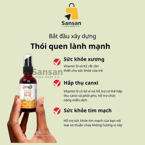 Xịt Dưỡng Vitamin D3 K2 Hữu Cơ Mary Ruth's 30ml - Tăng Cường Miễn Dịch và Phát Triển Chiều Cao cho Trẻ Em