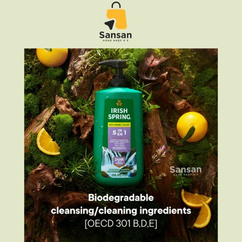 Sữa Tắm Gội Irish Spring 5 in 1 887ml - Gel Tắm Nam giúp Sạch Sẽ và Tươi Mát - Hương Cam Bergamot & Khuynh Diệp