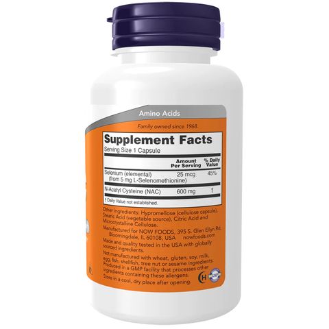 Viên uống NAC 600mg Now Foods - Thải độc, hỗ trợ gan, giảm viêm hô hấp, cải thiện sức khỏe sinh sản - 100 viên Mỹ
