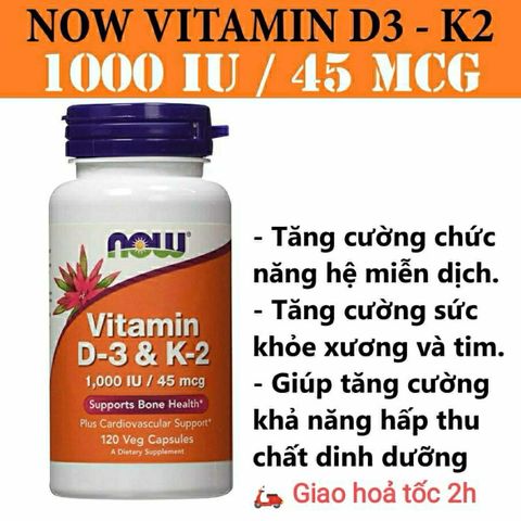 Viên Uống Vitamin D3 K2 NOW Foods 120v - Hỗ Trợ Hấp Thu Canxi, Tăng Cường Sức Khỏe Xương Khớp & Tim Mạch Thích Hợp Cho Người Lớn Tuổi