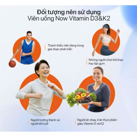 Viên Uống Vitamin D3 K2 NOW Foods 120v - Hỗ Trợ Hấp Thu Canxi, Tăng Cường Sức Khỏe Xương Khớp & Tim Mạch Thích Hợp Cho Người Lớn Tuổi